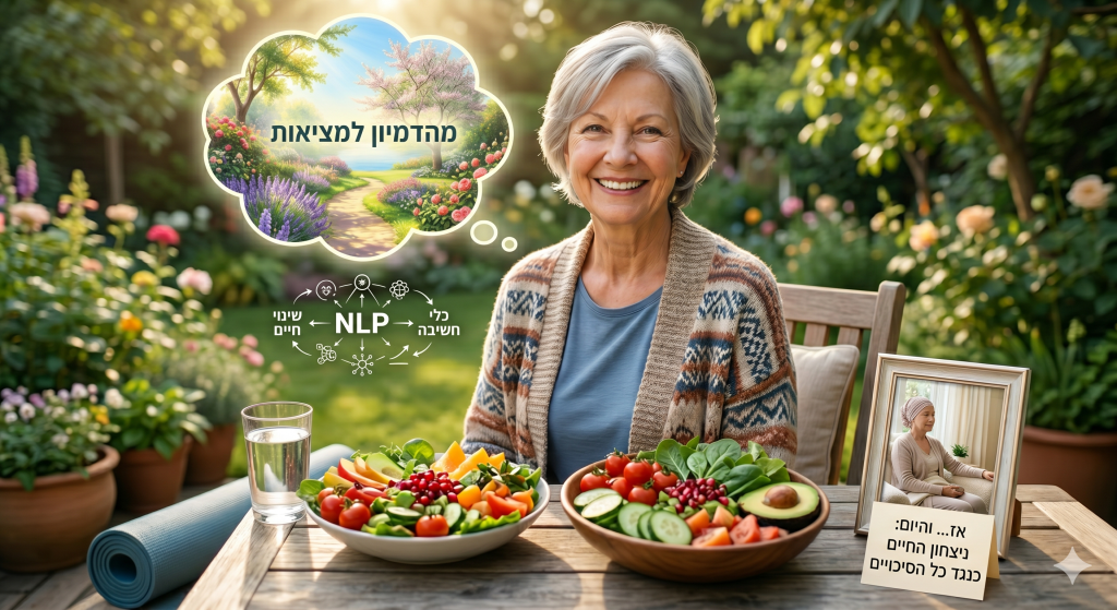אישה בריאה מסרטן בטבע אוכלת פירות וירקות ומיישמת NLP ודמיון מודרך